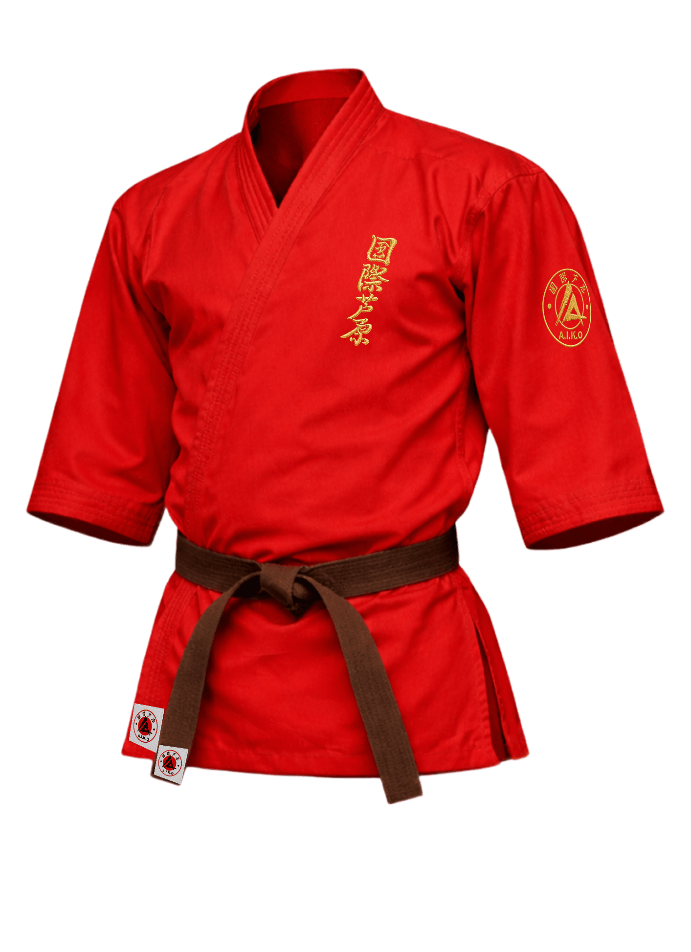 Красная куртка для ашихара-карате KAITOGI К4 серии «Наследие»: рукав 3/4, короткий подол, золотой вышитый кандзи и золотая канку A.I.K.O.