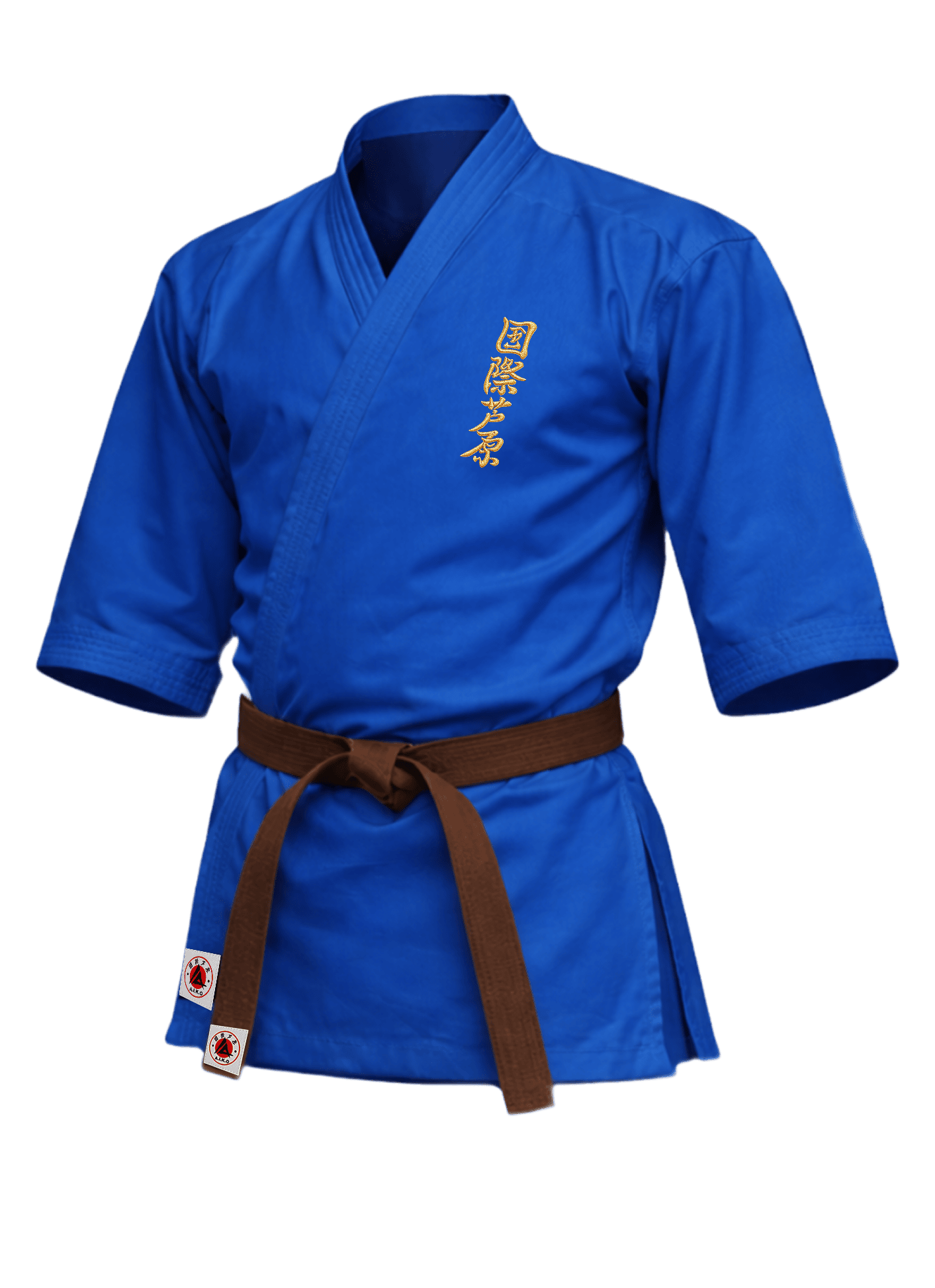 Синяя куртка для ашихара-карате KAITOGI К2 серии «Стандарт»: золотой вышитый кандзи на груди, рукав 3/4 и классическая длина