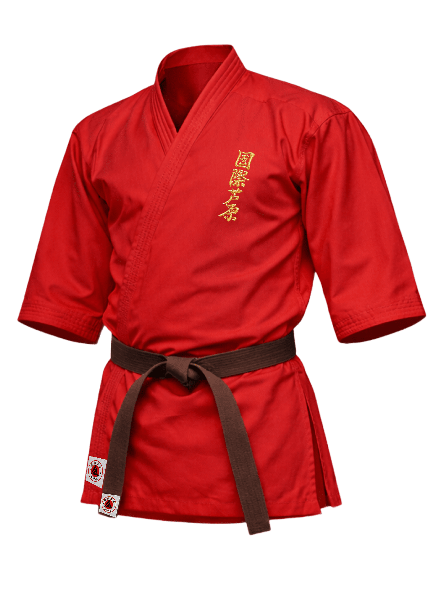 Красная куртка для ашихара-карате KAITOGI К2 серии «Стандарт»: золотой вышитый кандзи на груди, рукав 3/4 и длинный подол