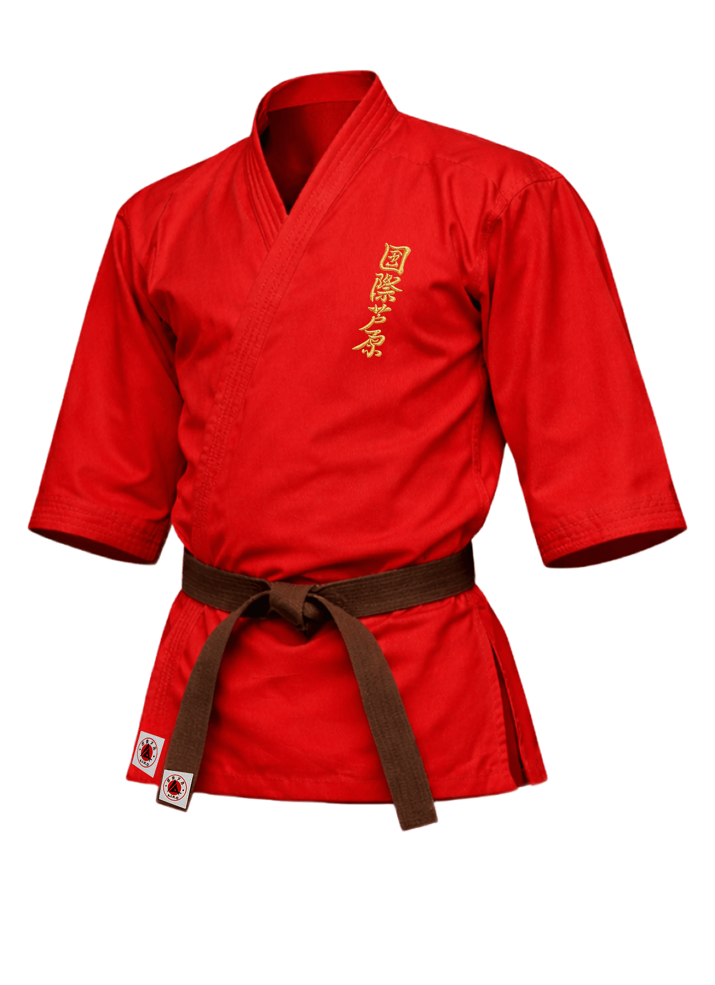 Красная куртка для ашихара-карате KAITOGI К3 серии «Стандарт»: золотой вышитый кандзи на груди, длинный рукав и короткий подол