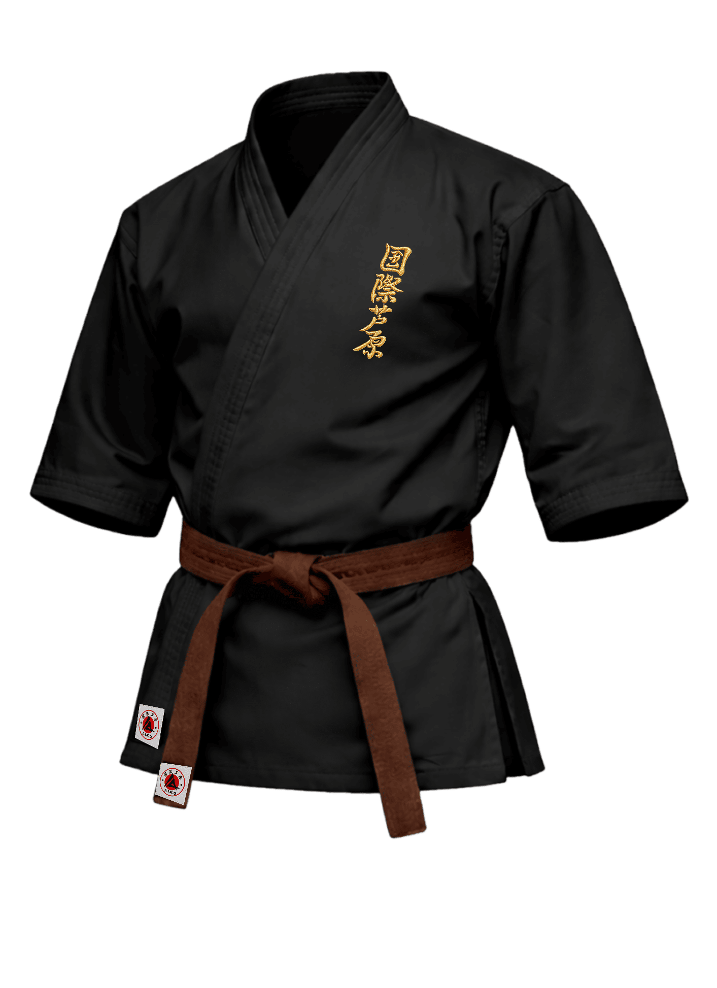 Чёрная куртка для ашихара-карате KAITOGI К4 серии «Стандарт»: золотой вышитый кандзи на груди, рукав 3/4 и короткий подол