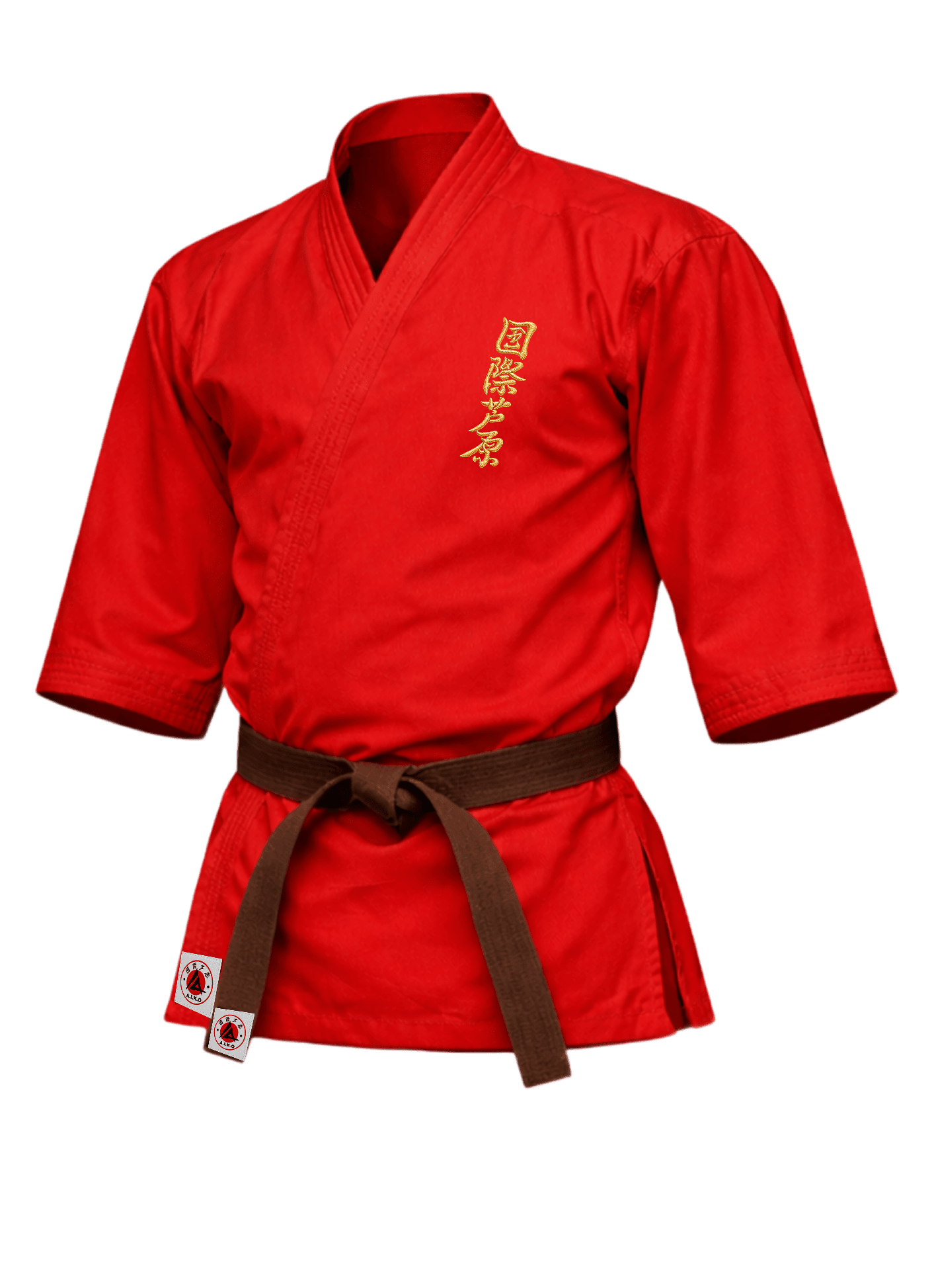 Красная куртка для ашихара-карате KAITOGI К4 серии «Стандарт»: золотой вышитый кандзи на груди, рукав 3/4 и короткий подол
