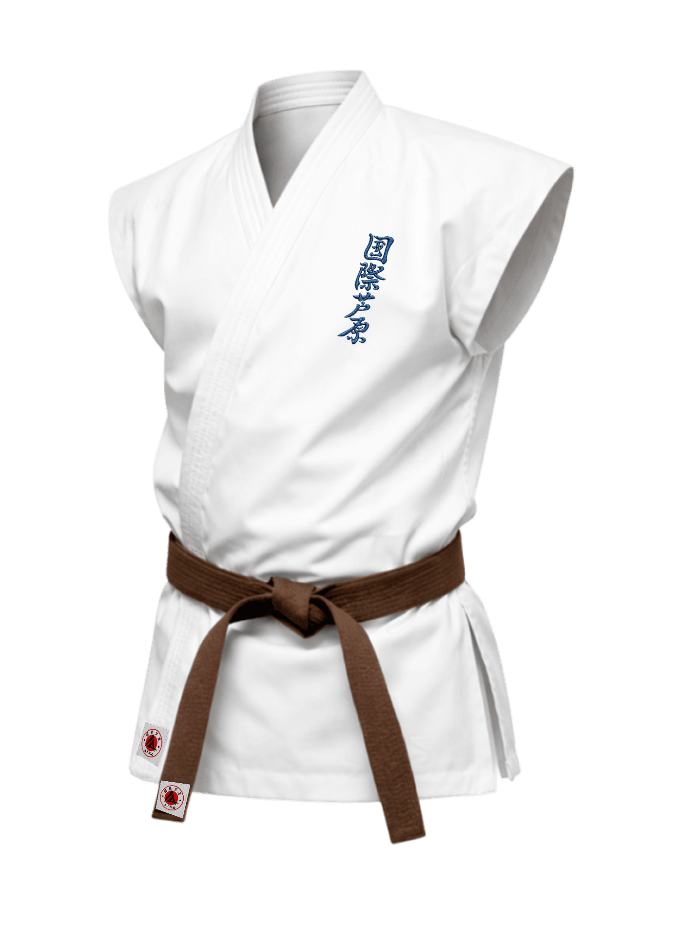 Белая безрукавная куртка для ашихара-карате KAITOGI К6 серии «Стандарт»: синий вышитый кандзи на груди и укороченный подол