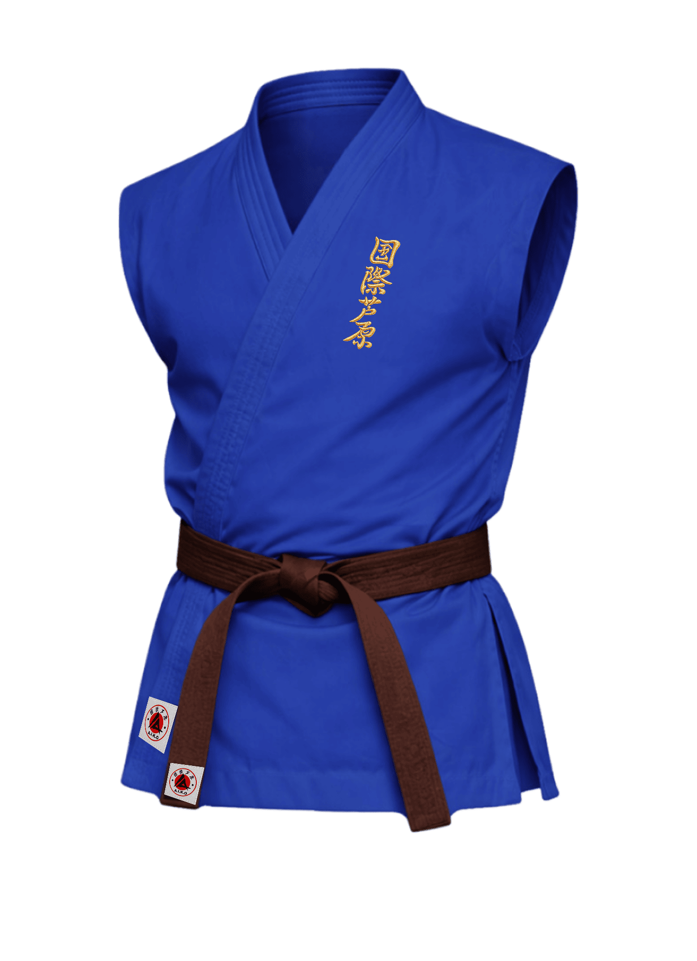 Синяя безрукавная куртка для ашихара-карате KAITOGI К6 серии «Стандарт»: золотой вышитый кандзи на груди и укороченный подол