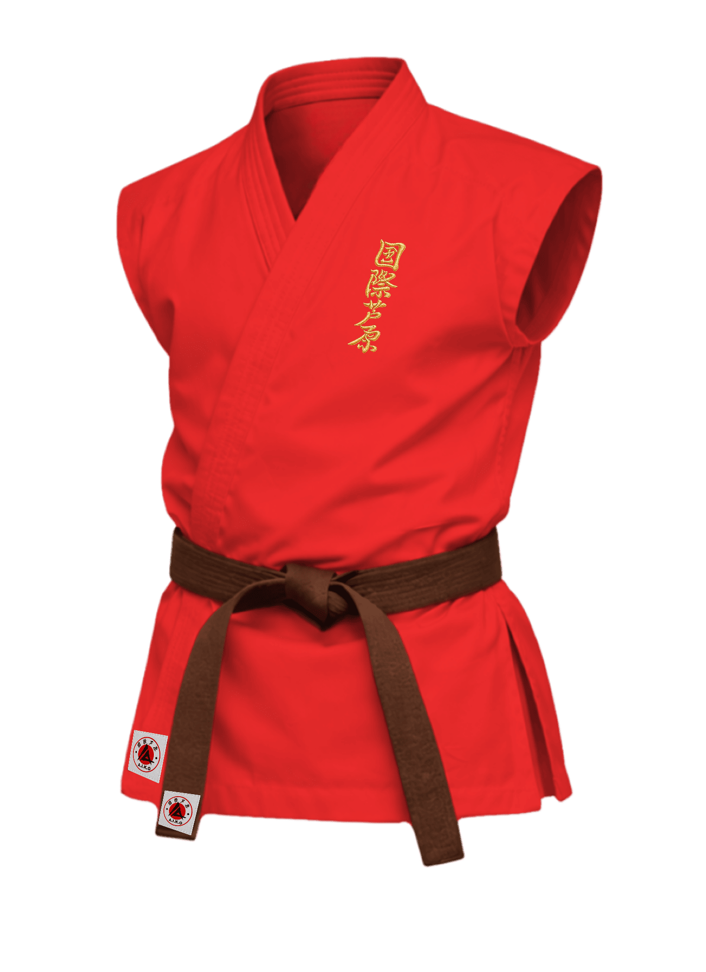 Красная безрукавная куртка для ашихара-карате KAITOGI К6 серии «Стандарт»: золотой вышитый кандзи на груди и короткий подол