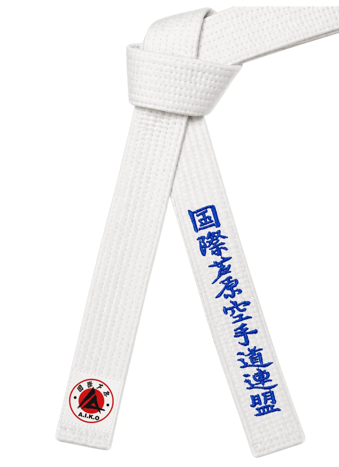 Белый пояс AIKO от KAITOGI с синей вышивкой федерации ашихара-карате