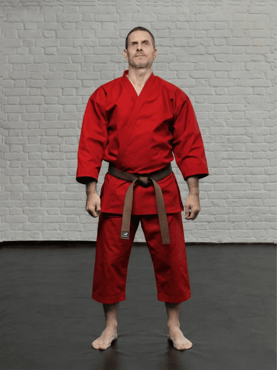красное кимоно KAITOGI K3M4 для карате и кумите доги с коротким подолом и штанами бриджами