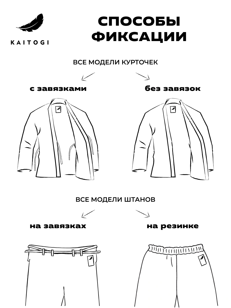 варианты фиксации кимоно KAITOGI для карате куртка с завязками и без завязок штаны на резинке и шнурках