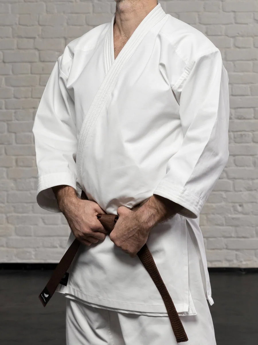 белая куртка кимоно карате KAITOGI K1 полу бок длинный рукав ткань dogi kyokushin premium
