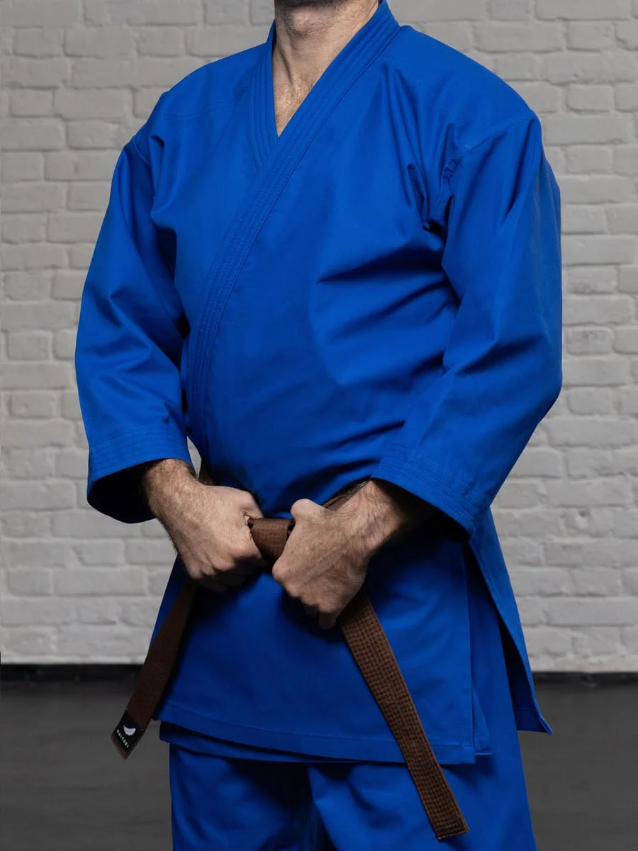 синяя куртка кимоно карате KAITOGI K1 полу бок ткань dogi длинный подол киокушинкай