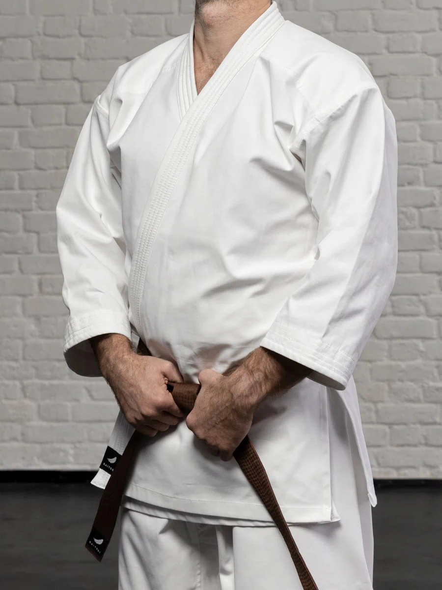белая куртка карате KAITOGI K3 полу бок короткий подол ткань dogi kyokushin premium