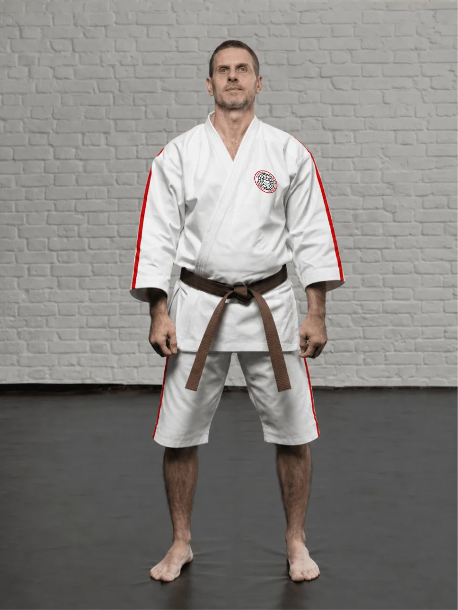 Кимоно Косики Карате К3М5 с шевроном Koshiki Karate World Union и фирменными полосками