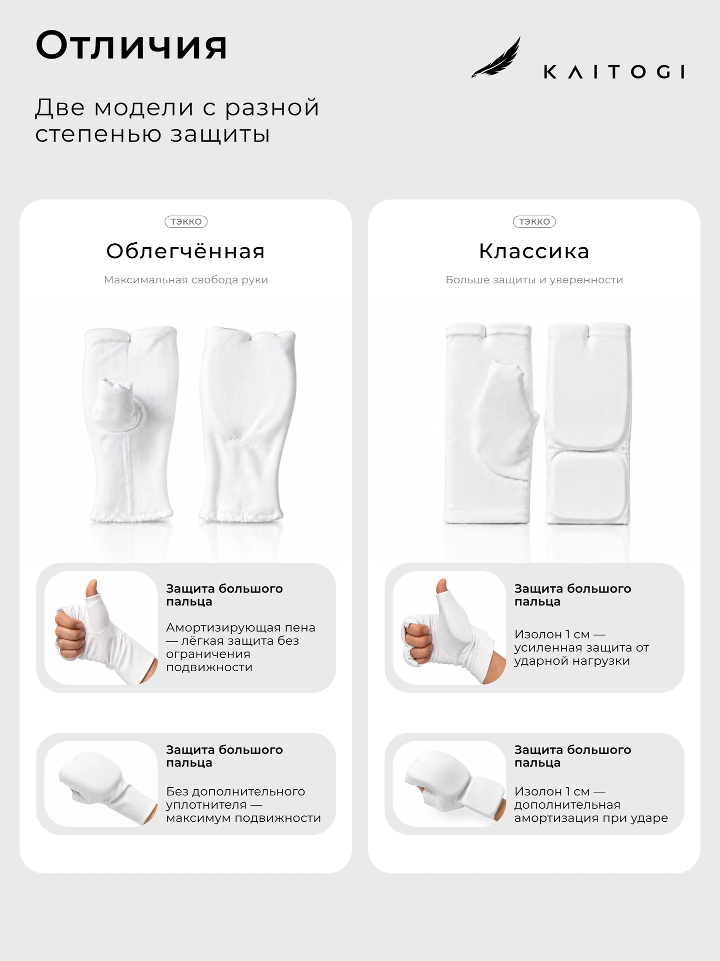 Перчатки KAITOGI Тэкко Облегчённая и Классика — отличие моделей, защита и конструкция