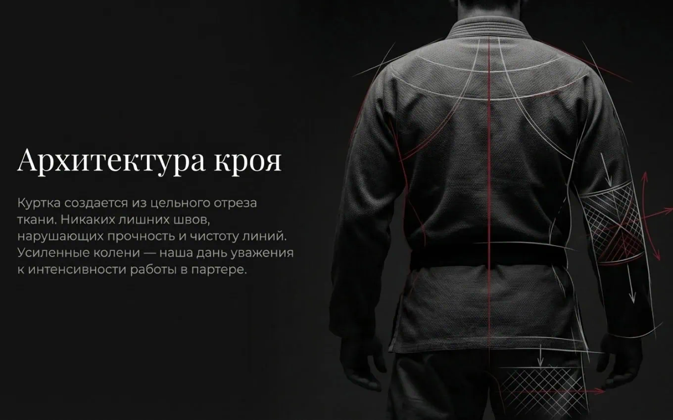 Чёрная куртка KAITOGI «ГРАНД» для грэпплинга, вид со спины с акцентом на конструкцию кроя