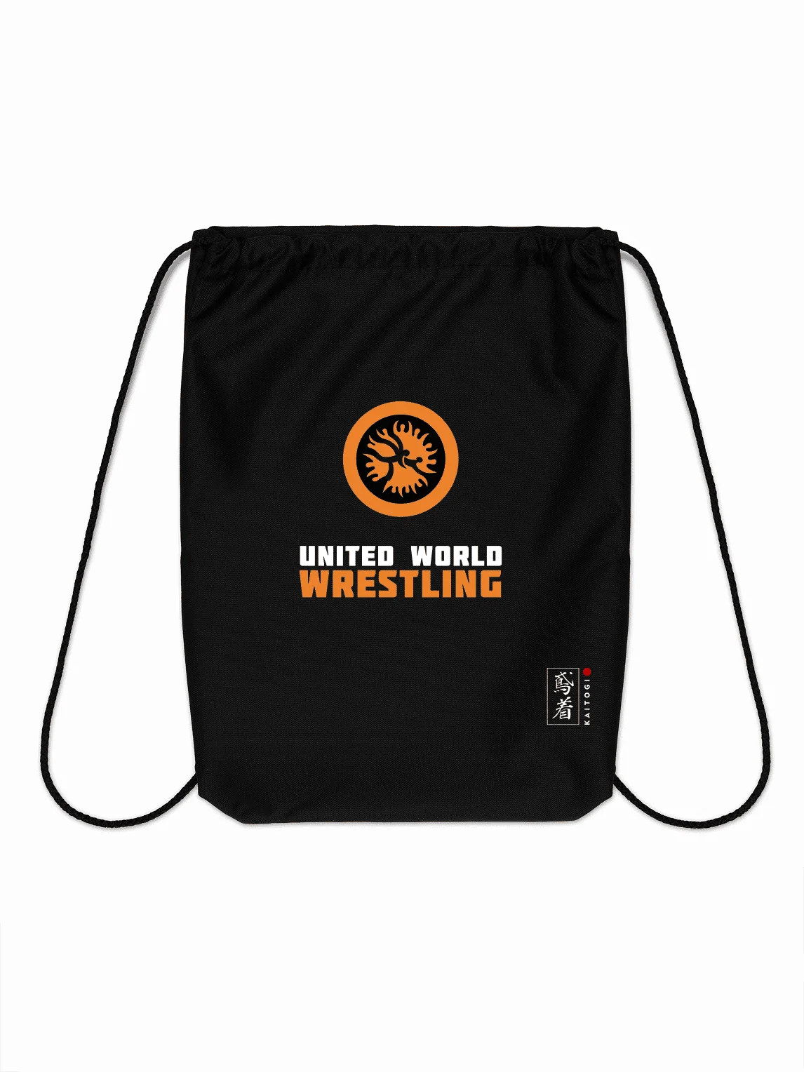 Чёрный мешок KAITOGI для спортивной экипировки борца с логотипом United World Wrestling и чёрными шнурами