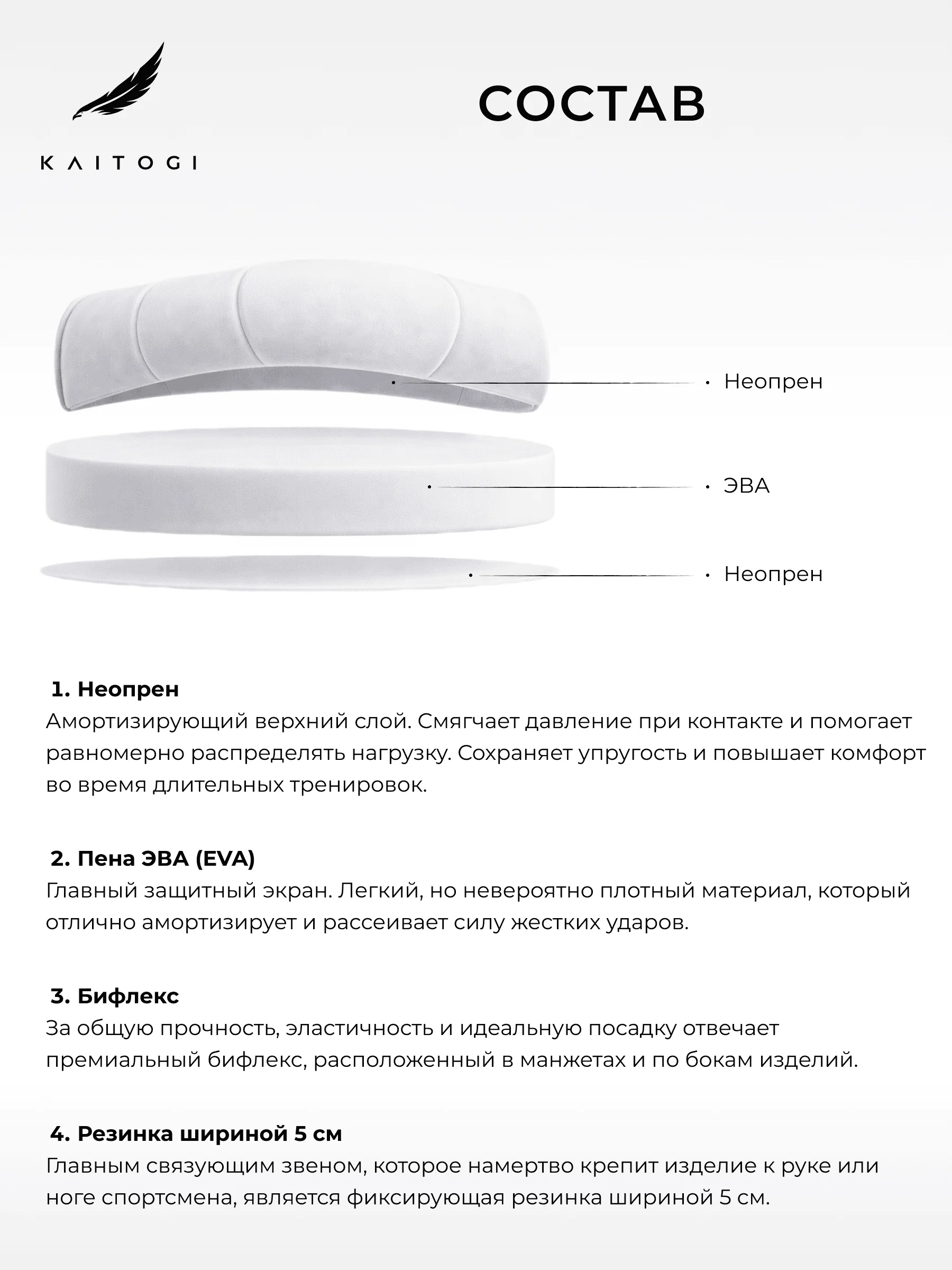 Состав защиты голени и стопы KAITOGI с указанием слоёв из неопрена и ЭВА