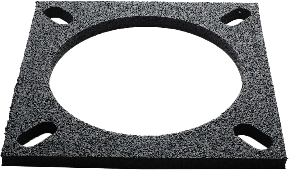 Plaque isolante ABSOL LES en matériau composite, avec ouverture circulaire centrale et quatre encoches de fixation. Conçue pour l’isolation contre les vibrations des coffrets d’éclairage.