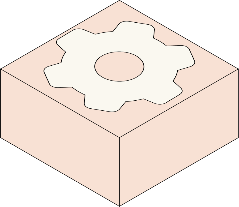 Isometric illustration of a beige 3D cube with a white gear icon on the top face.