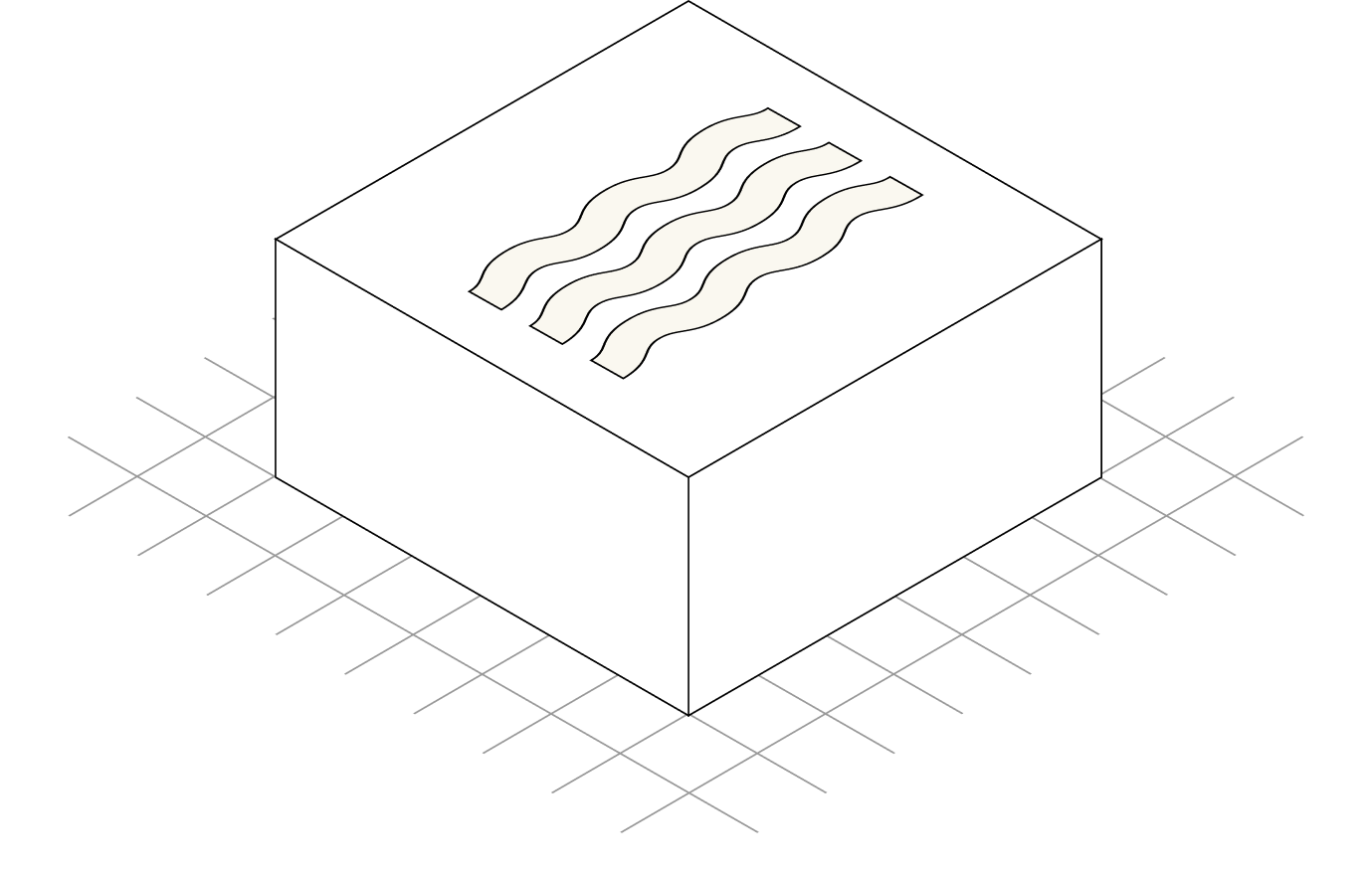 Isometric white cube with three wavy lines on top, placed on a grid background.