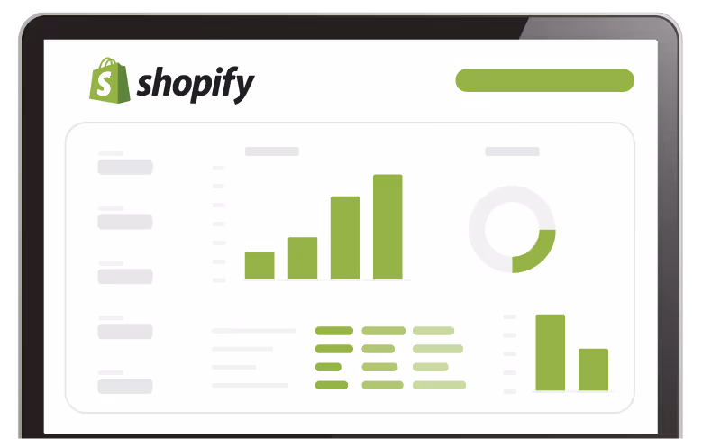 Laptop screen displaying Shopify dashboard with green bar chart, pie chart, and data tables.