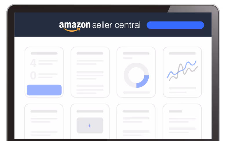 Laptop showing Amazon Seller Central dashboard with summary cards and charts.