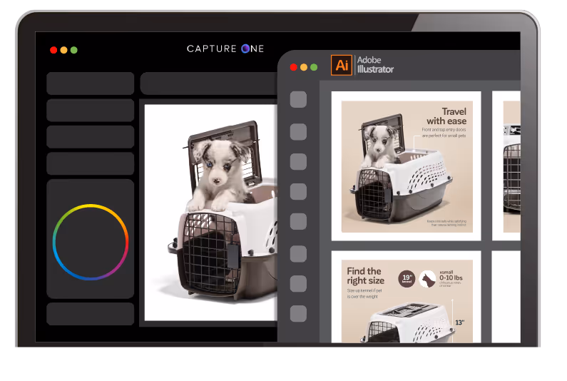Laptop screen displaying photo editing software with images of a small dog in a pet carrier and related design artwork.