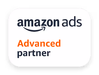 Amazon Ads Advanced Partner badge with Amazon's smile logo.