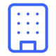 Icon of a blue office building with nine windows and a door.