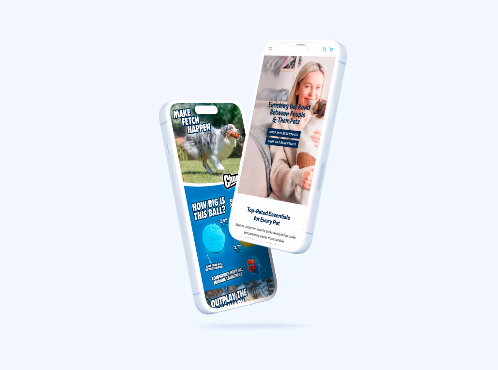 Two smartphones displaying pet product pages, one showing a woman holding a dog with text about pet essentials, the other showing a dog playing fetch with a ball.