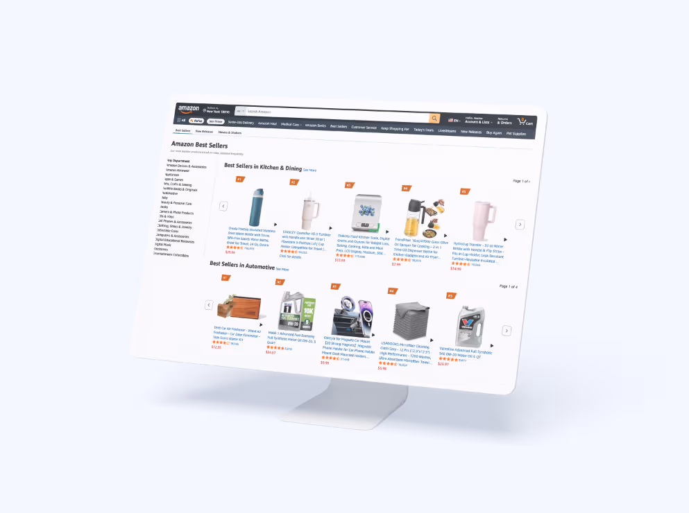 Computer screen displaying Amazon Best Sellers webpage with sections for Kitchen & Dining and Automotive products.
