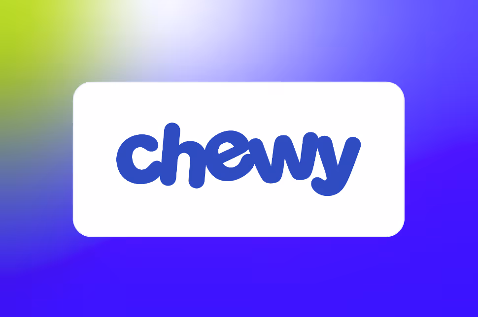 Chewy brand logo in blue text on a white rounded rectangle with a blue and light green gradient background.