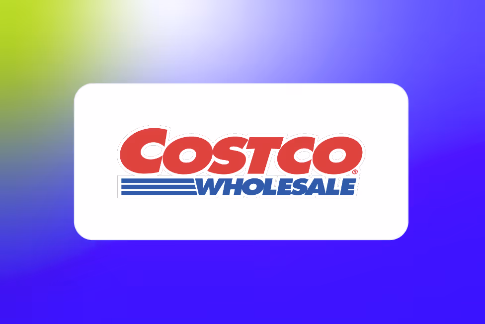 Costco Wholesale logo in red and blue on a white rounded rectangle background with a gradient blue and green backdrop.