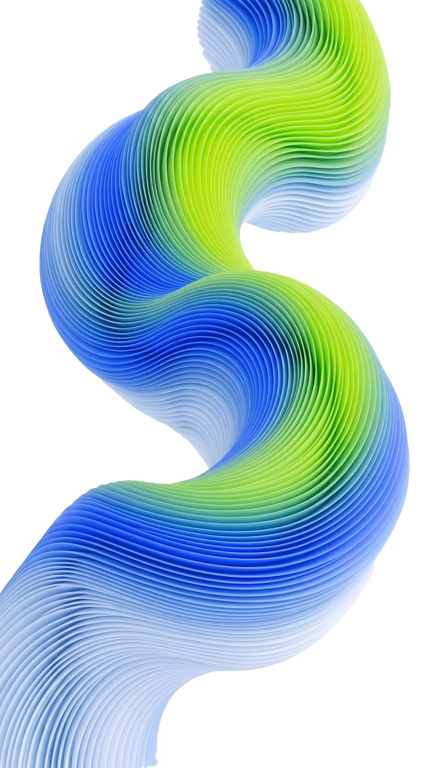 Abstract 3D wave-like ribbon with layered blue, green, and light blue gradient curves on a black background.