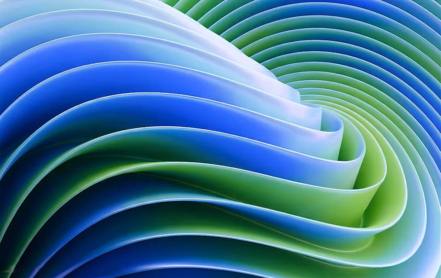 Abstract 3D rendering of layered blue and green spiraling shapes with smooth curves.