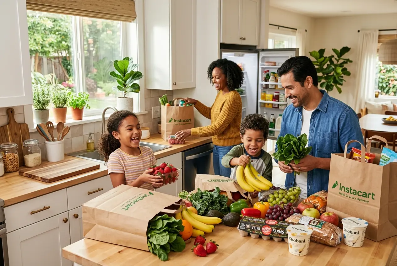 Family unpacking Instacart grocery bags with fresh fruits and vegetables in a bright kitchen.