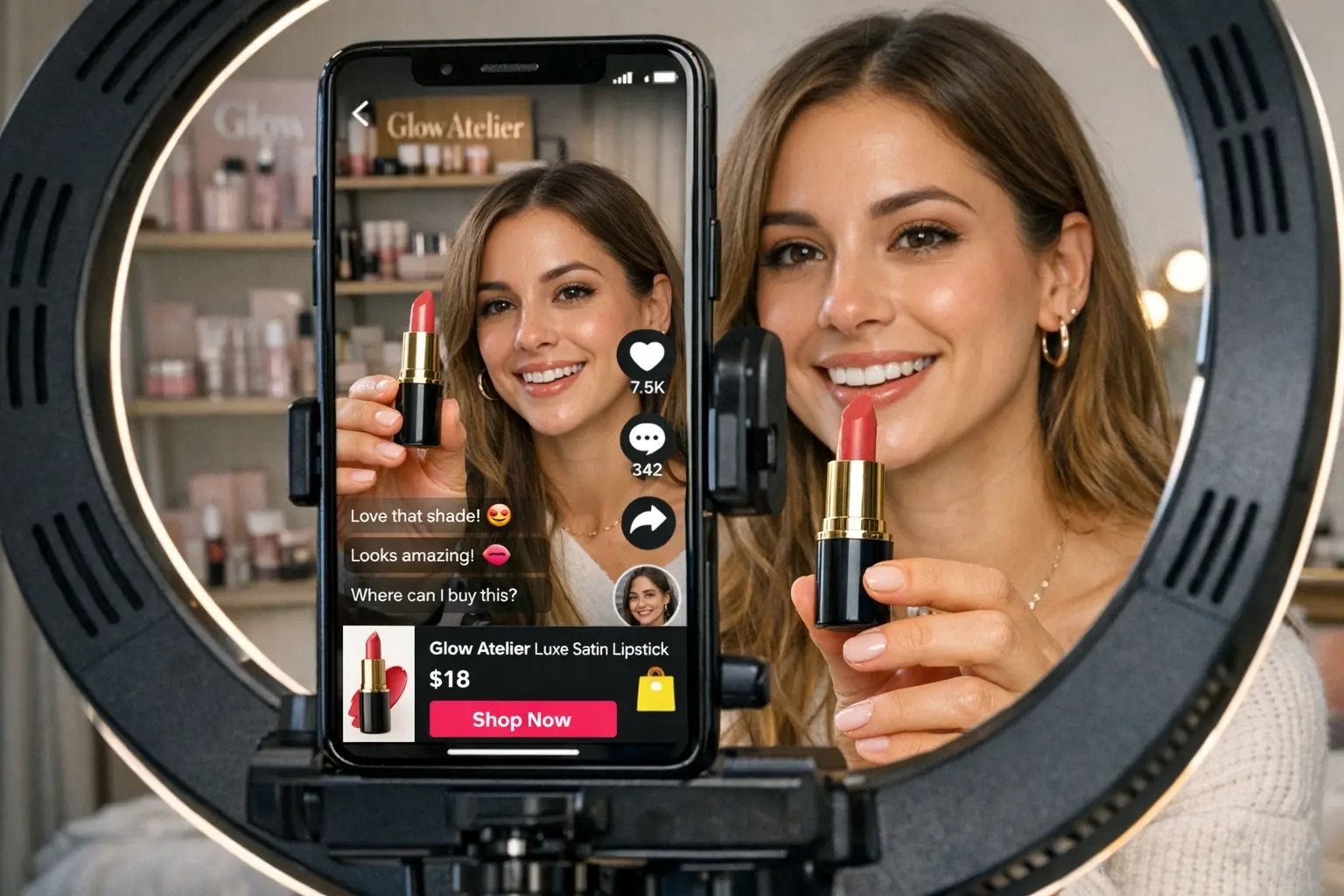 Woman holding red lipstick in front of phone camera during live video for Glow Atelier Luxe Satin Lipstick priced at $18 with interactive TikTok shopping buttons and comments.