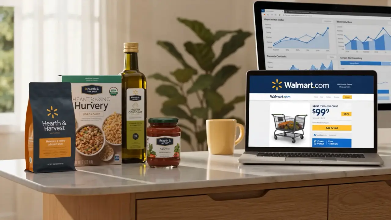 Kitchen counter with Hearth & Harvest food products including oatmeal, pasta, olive oil, and marinara sauce next to a laptop showing Walmart.com shopping cart.