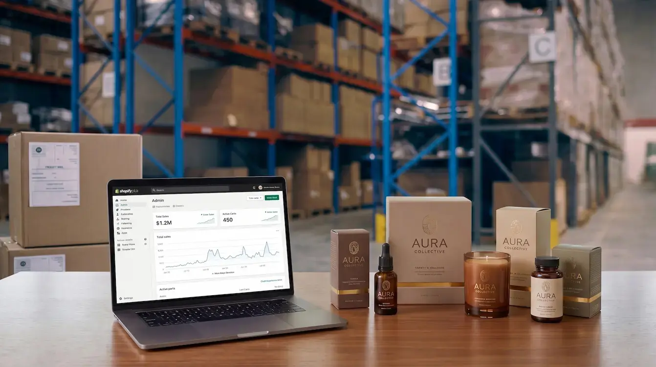 Laptop displaying Shopify Plus sales dashboard next to Aura Collective skincare products on a wooden table in a warehouse.
