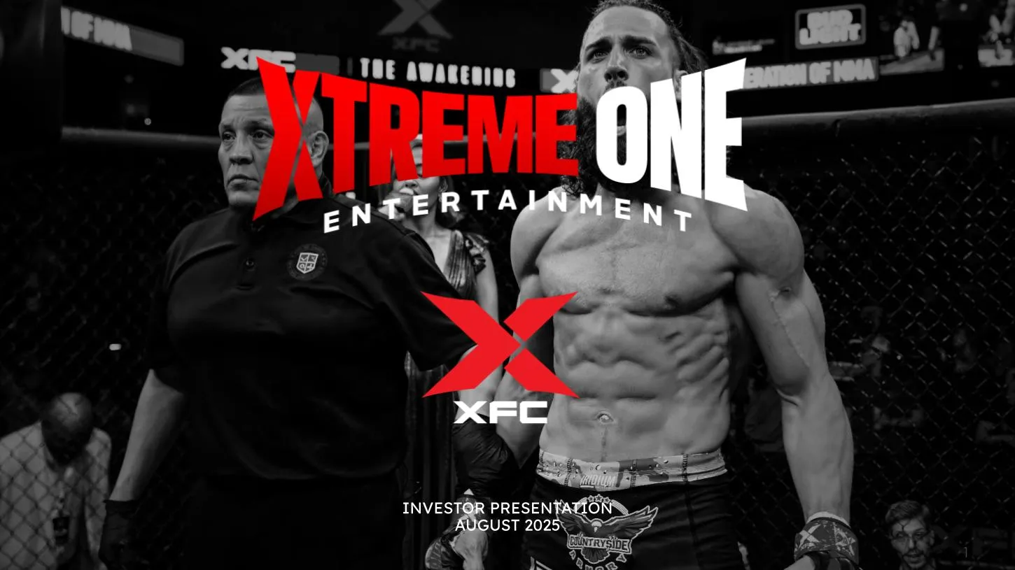 An Xtreme One Entertainment investor presentation graphic featuring an MMA referee and a fighter in the cage.