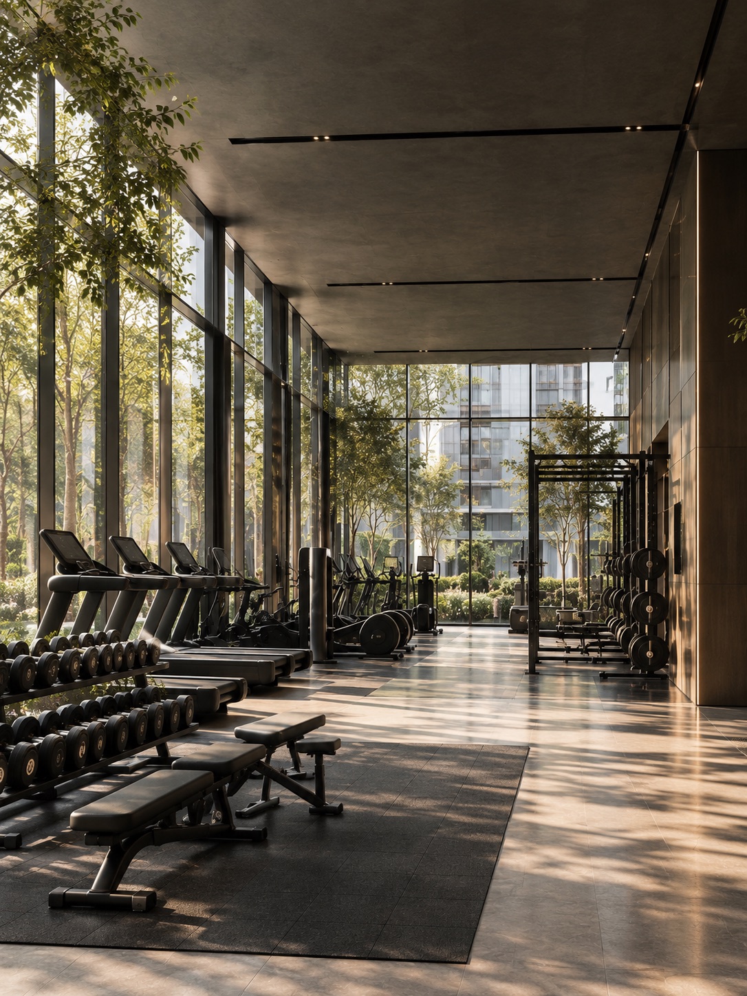 Glass-walled gym floor with treadmills and free weights overlooking trees