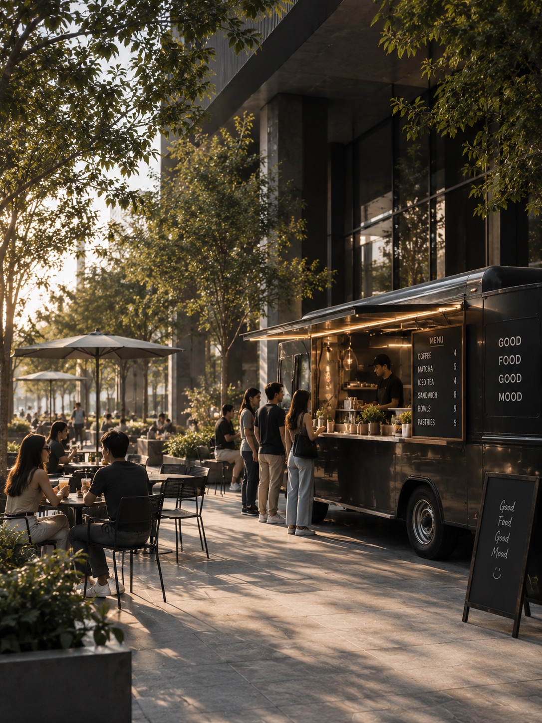 Food truck with outdoor seating under trees at golden hour