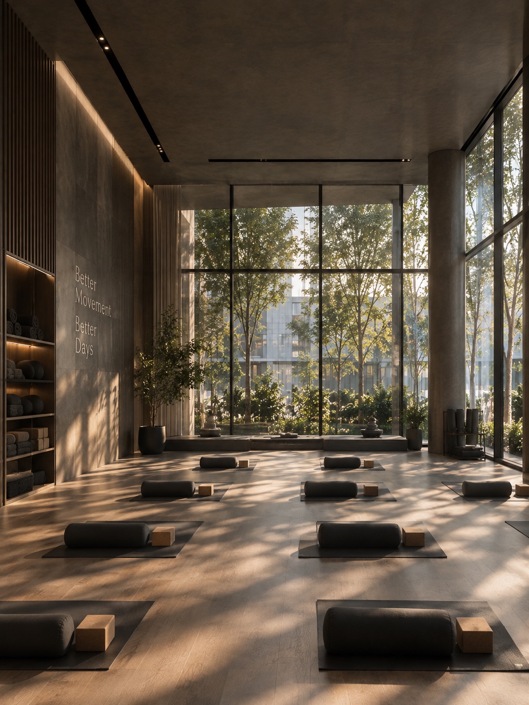Sunlit yoga studio with mats, bolsters and floor-to-ceiling windows