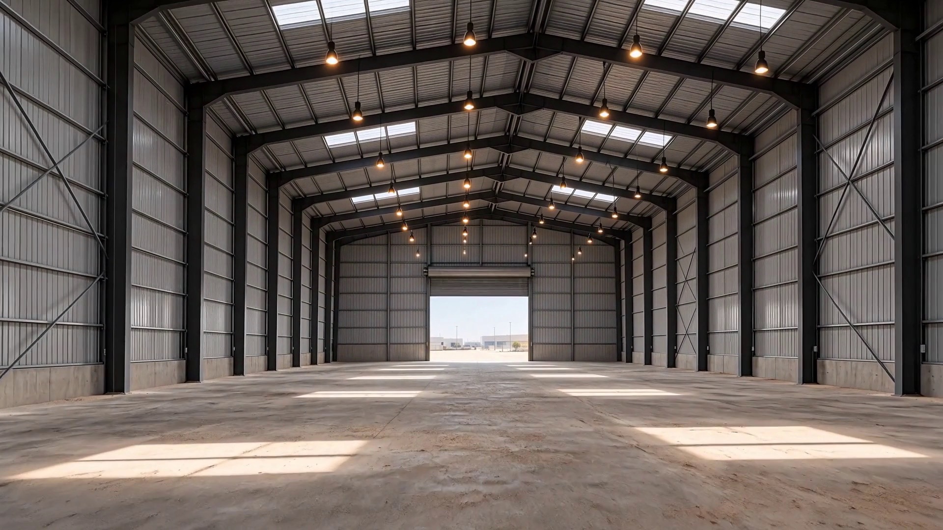 A raw steel-truss hall as the fit-out begins