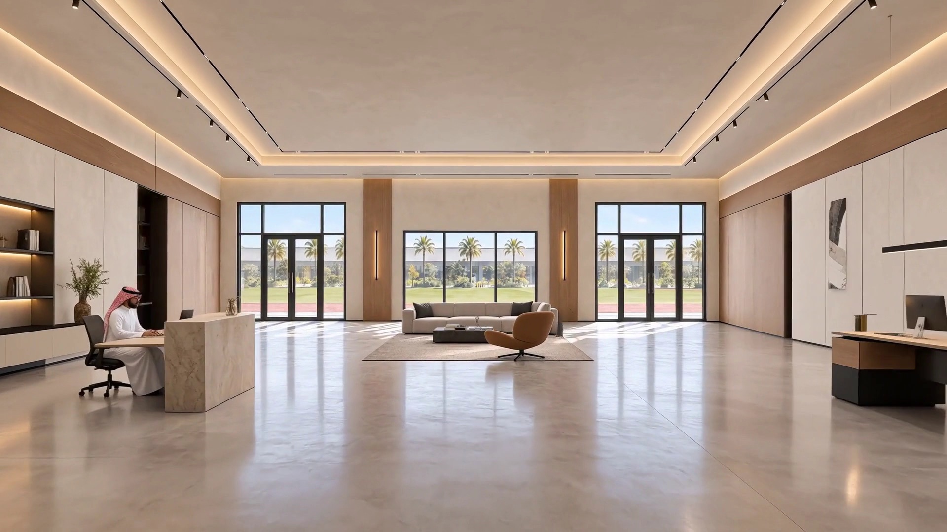 A finished office lounge with people working