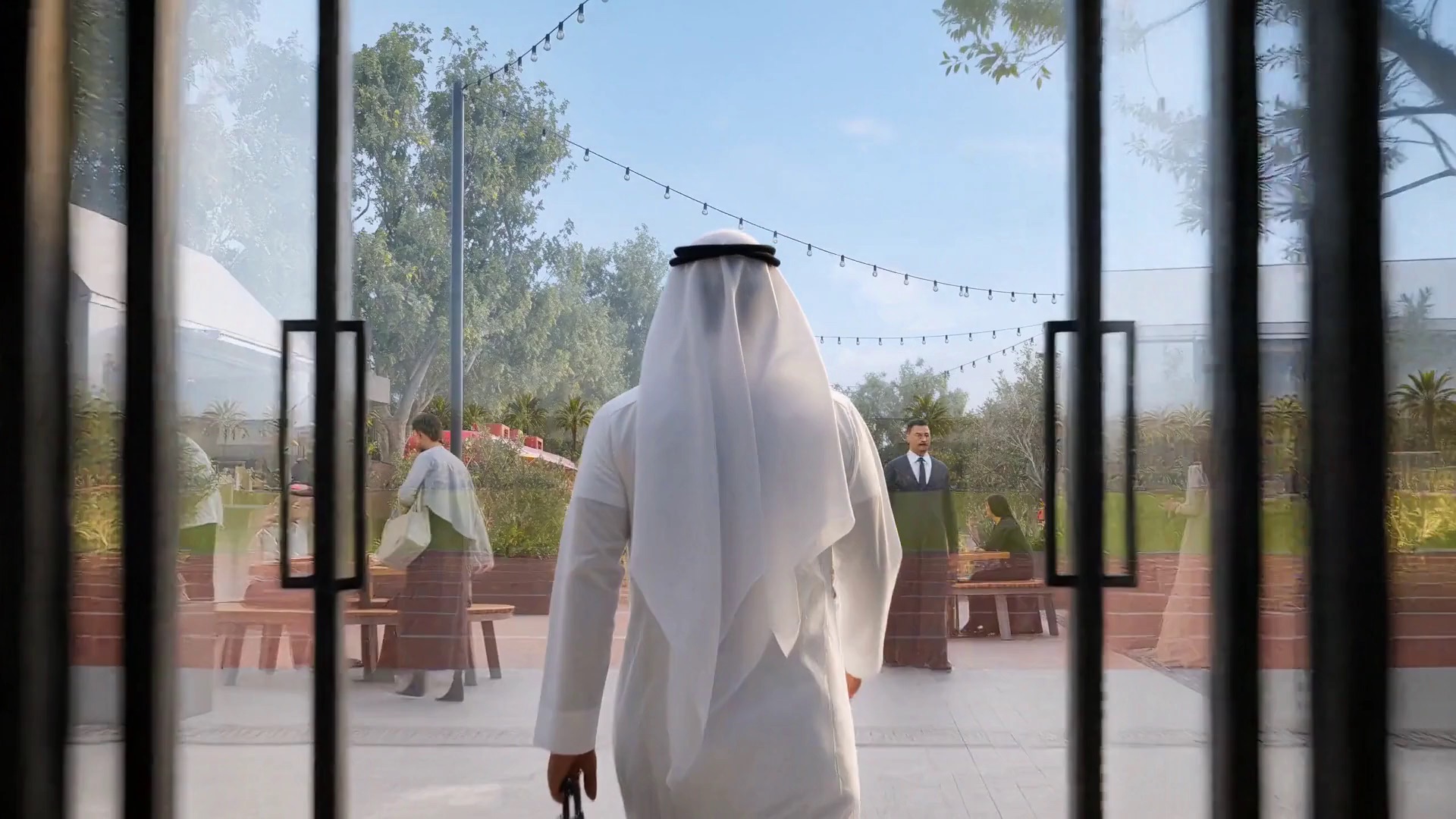 Stepping out through glass doors toward the open-air food court