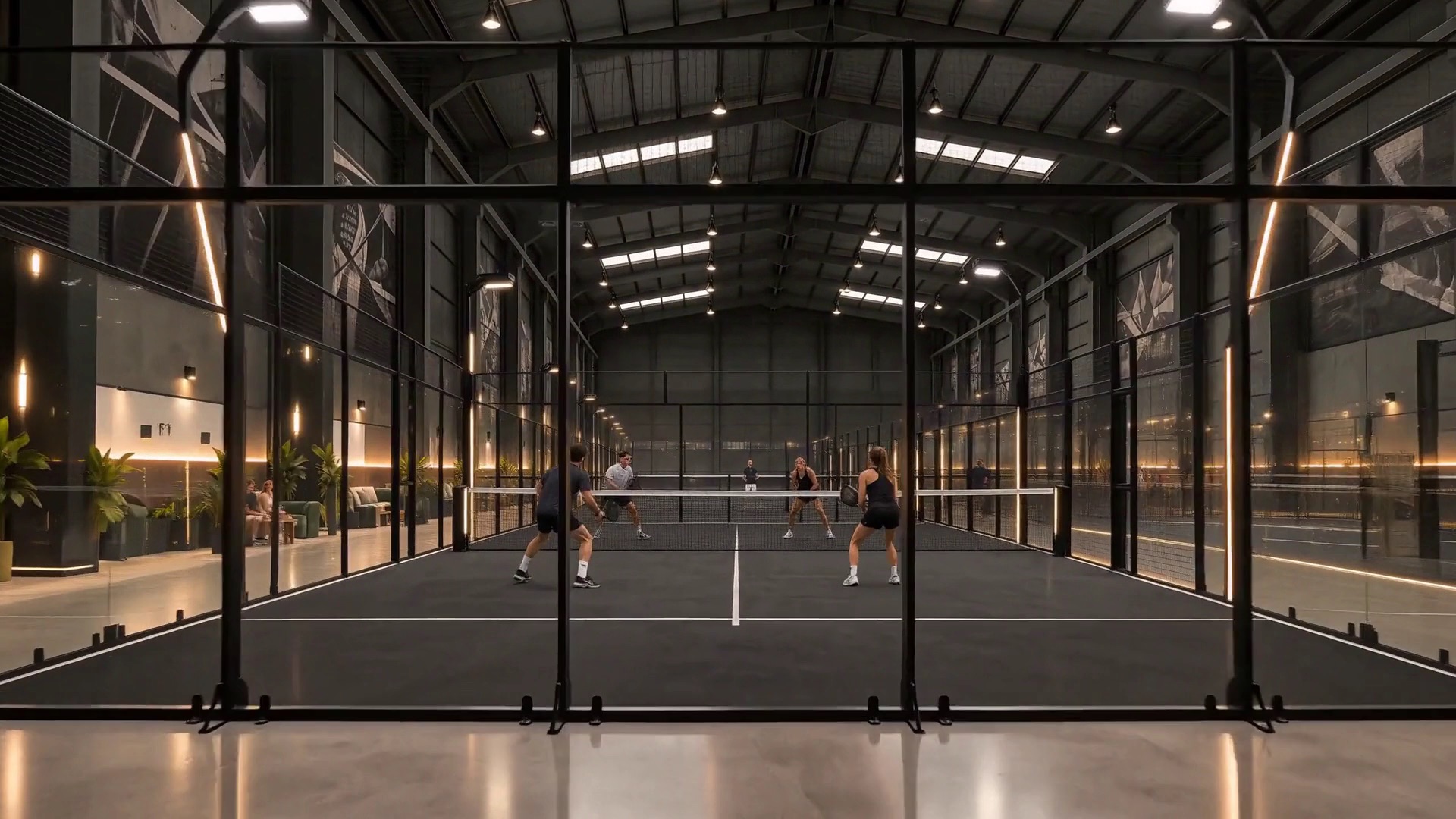 An indoor padel match under the warehouse roof
