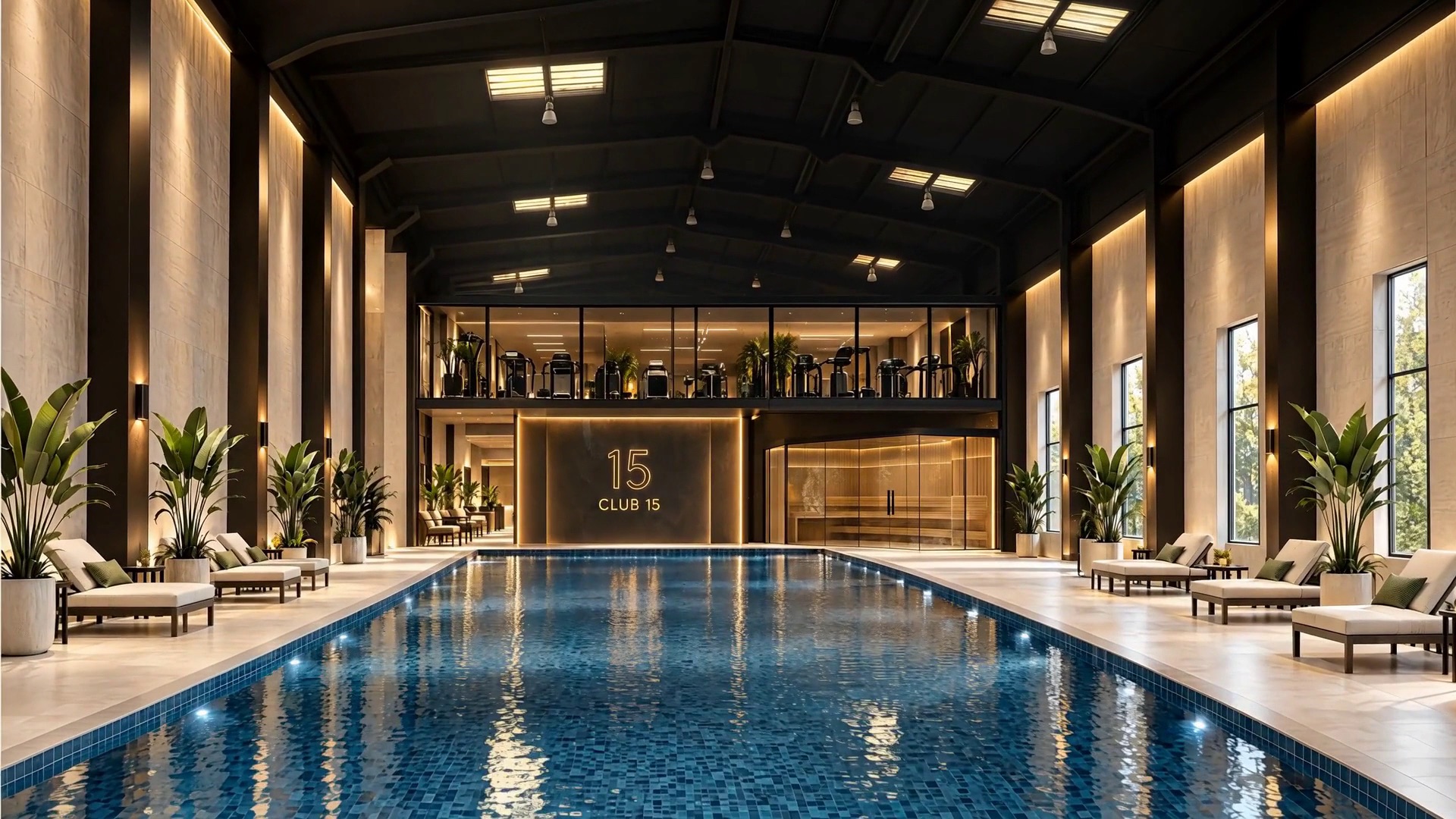 The Club 15 indoor pool lined with loungers