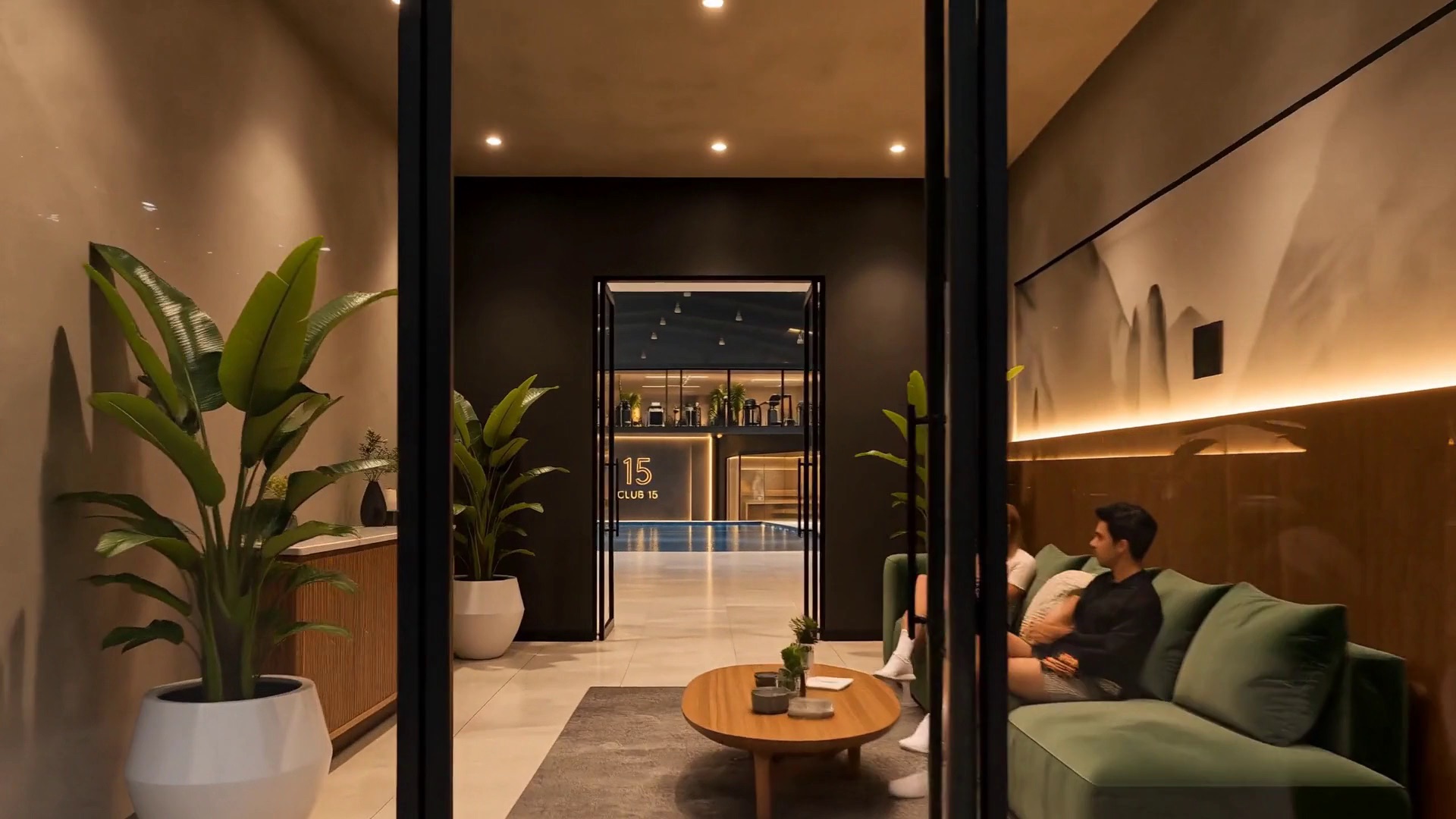 The padel lounge, with the pool visible through the doors