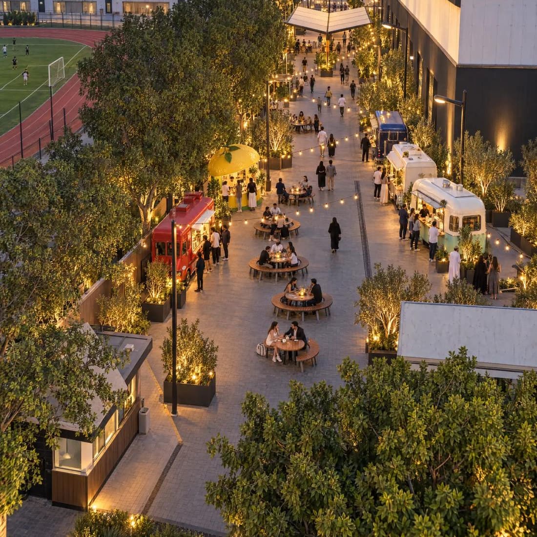 Dubai Creative Park at dusk: food trucks, string lights and long tables along a tree-lined walk.