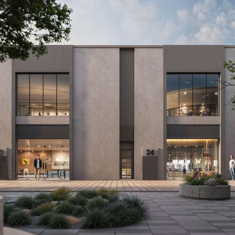 Dubai Fintech District: double-height glass frontages around a landscaped courtyard.